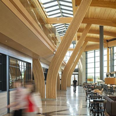 Phase one of the ATCO Campus is a dynamic composition of two four-story office buildings around a leaf-shaped quad and a partially subgrade parkade, and is interconnected by a multi-purpose Commons. 