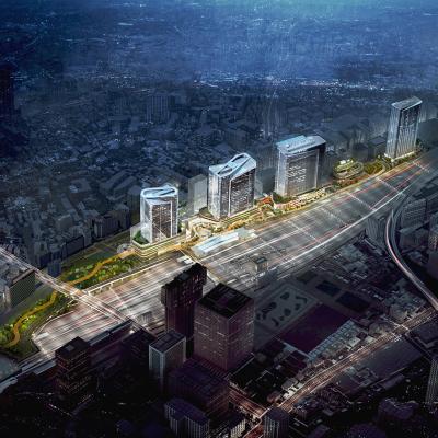 The aerial view of our concept design for Global Gateway Shinagawa, the redevelopment of the northern portion of Tokyo’s Shinagawa Station.