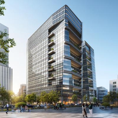 250 and 290 Binney Street, twin glass office towers designed by Pickard Chilton in Cambridge’s Kendall Square, reflecting sunlight with landscaped surroundings.