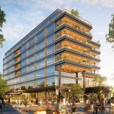 Rendering of Pickard Chilton's mixed-use waterfront hotel development in Charleston, showcasing a modern glass-clad design with terraces and vibrant public spaces.
