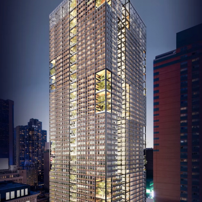 Nighttime rendering of 1633 Broadway in New York City with its illuminated grid façade and elevated garden terraces; the Grid Commons project in NYC earned Michael Hensley the Vision Design Excellence Honor Award.